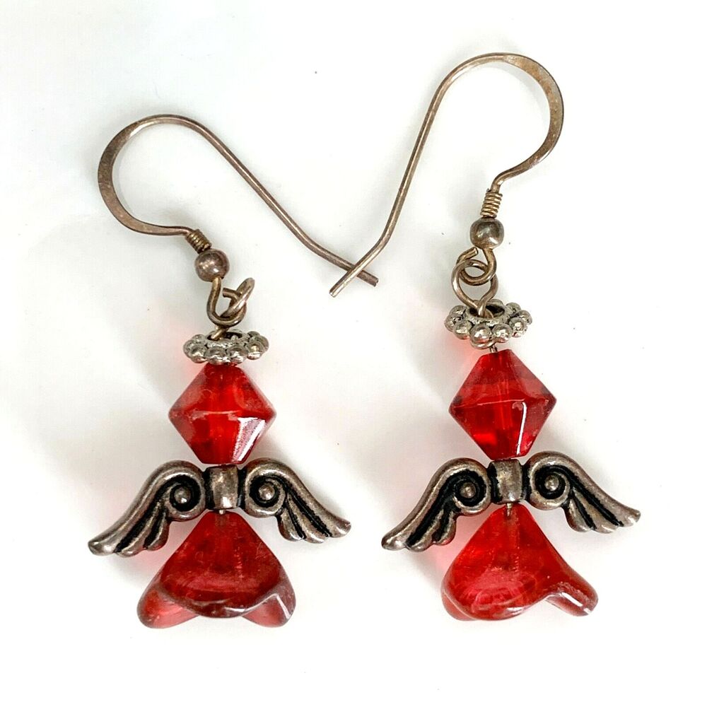 Red 3D ANGEL Beaded Dangle Earrings Handmade Artisan Antique Silver Wings Halo - Picture 5 of 6